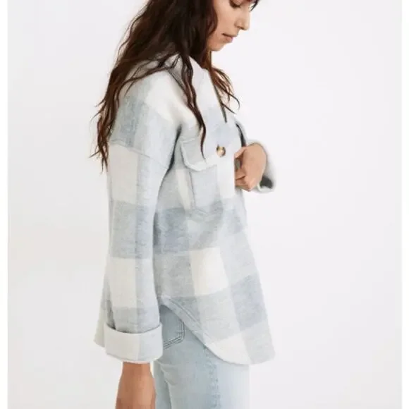 Madewell Boiled Wool Half Zip Popover Sweater Buffalo Check Heather Cream Sz.L - Picture 3 of 12